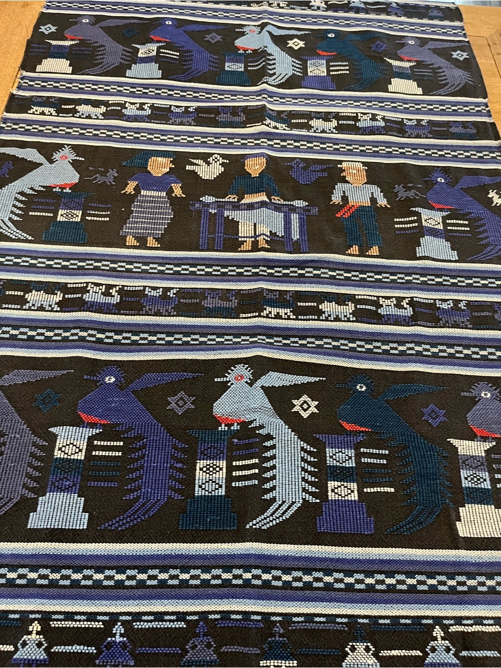 Vintage Guatemalan Handwoven Textile Table cloth/ Runner Blue and Black
